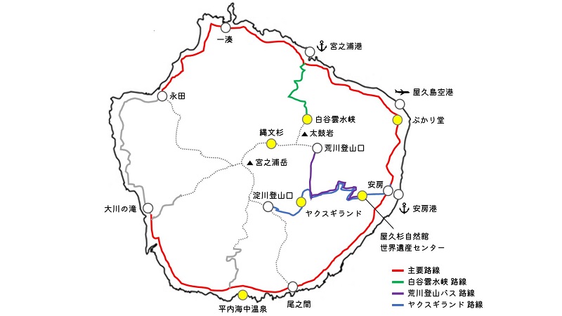 屋久島の観光マップとバス路線